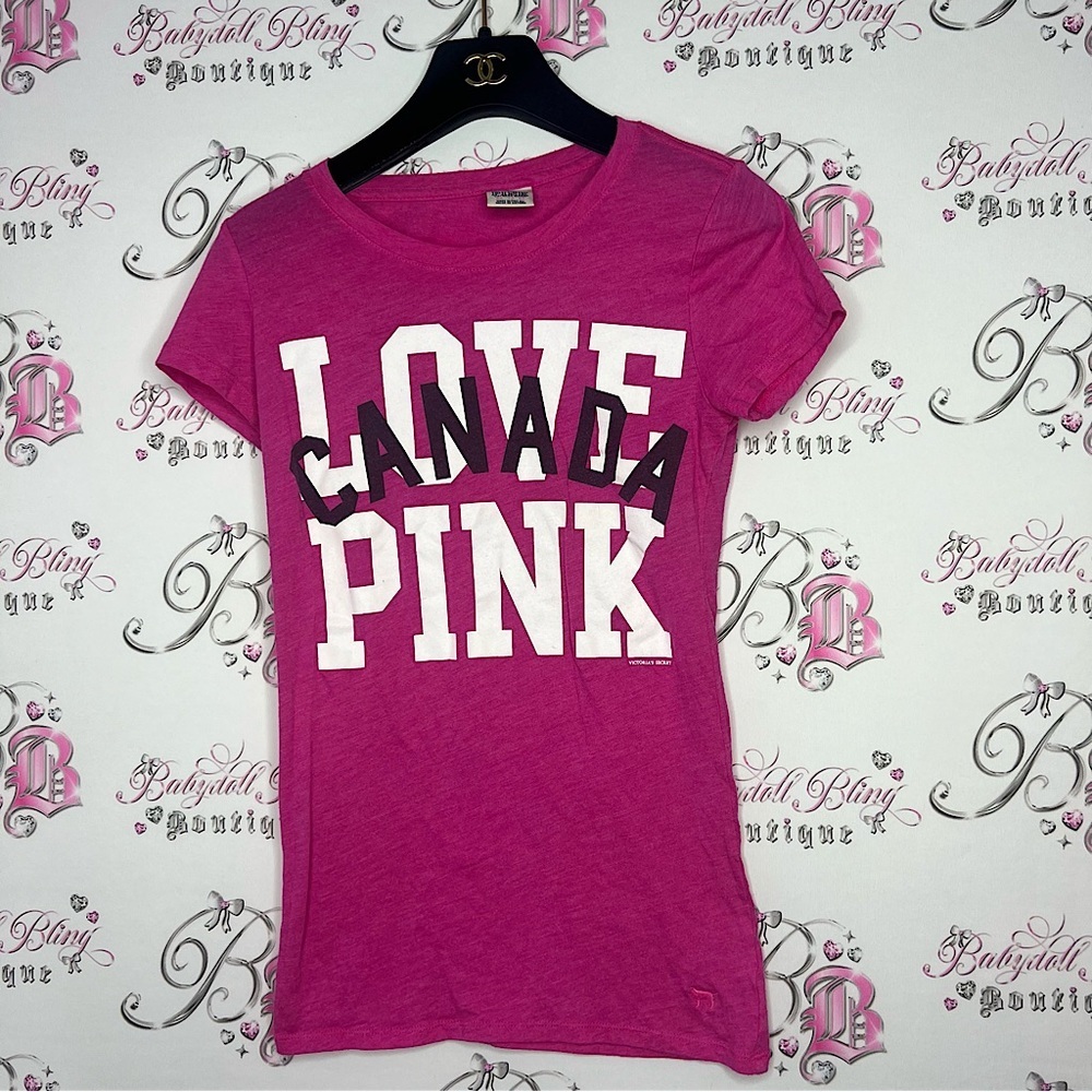 Victoria secret love pink Canada vintage tshirt pink white black logo dog y2k